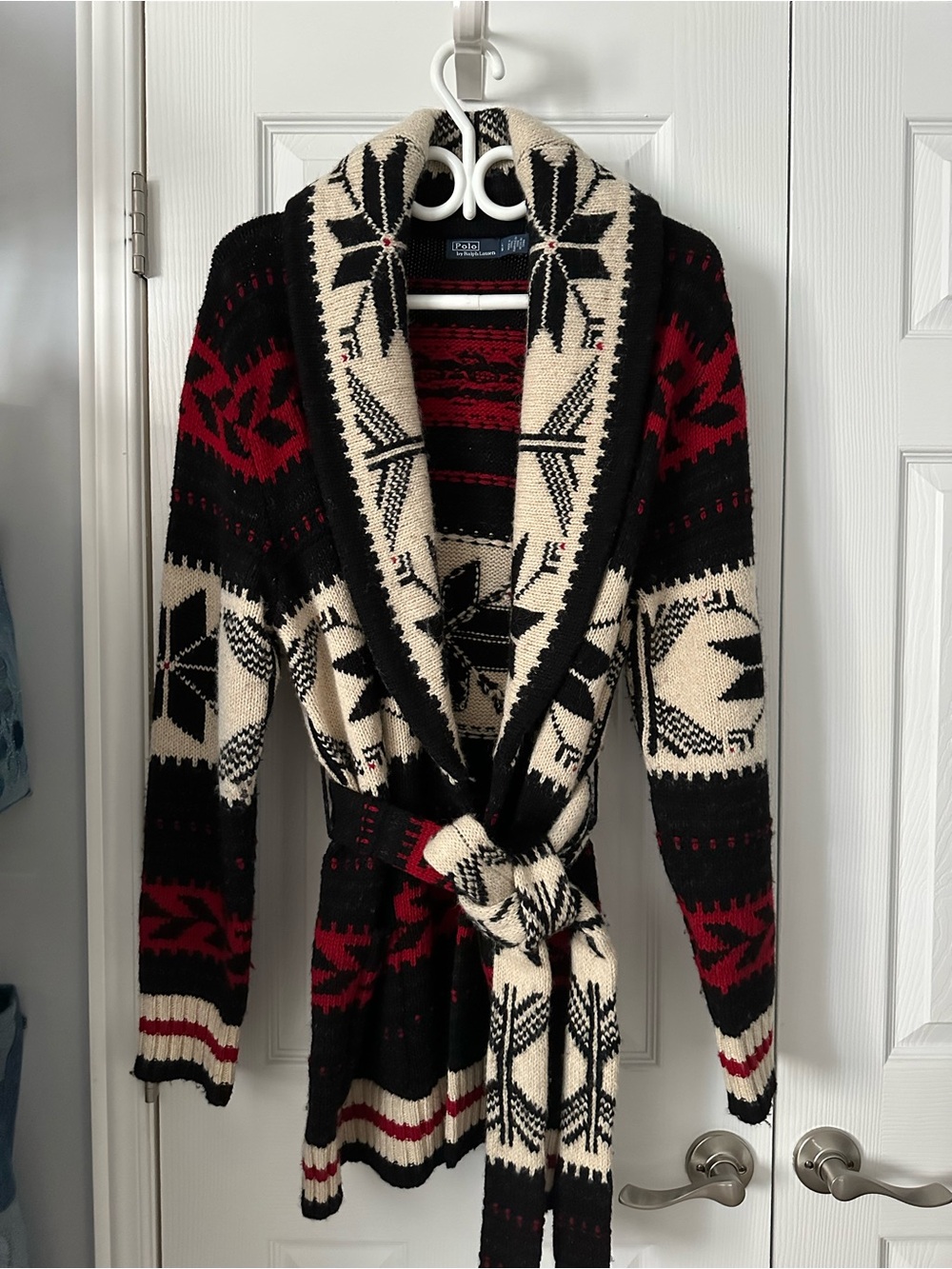 Ralph Lauren Polo Black Ivory Red Geometric Shawl-Collar Cardigan